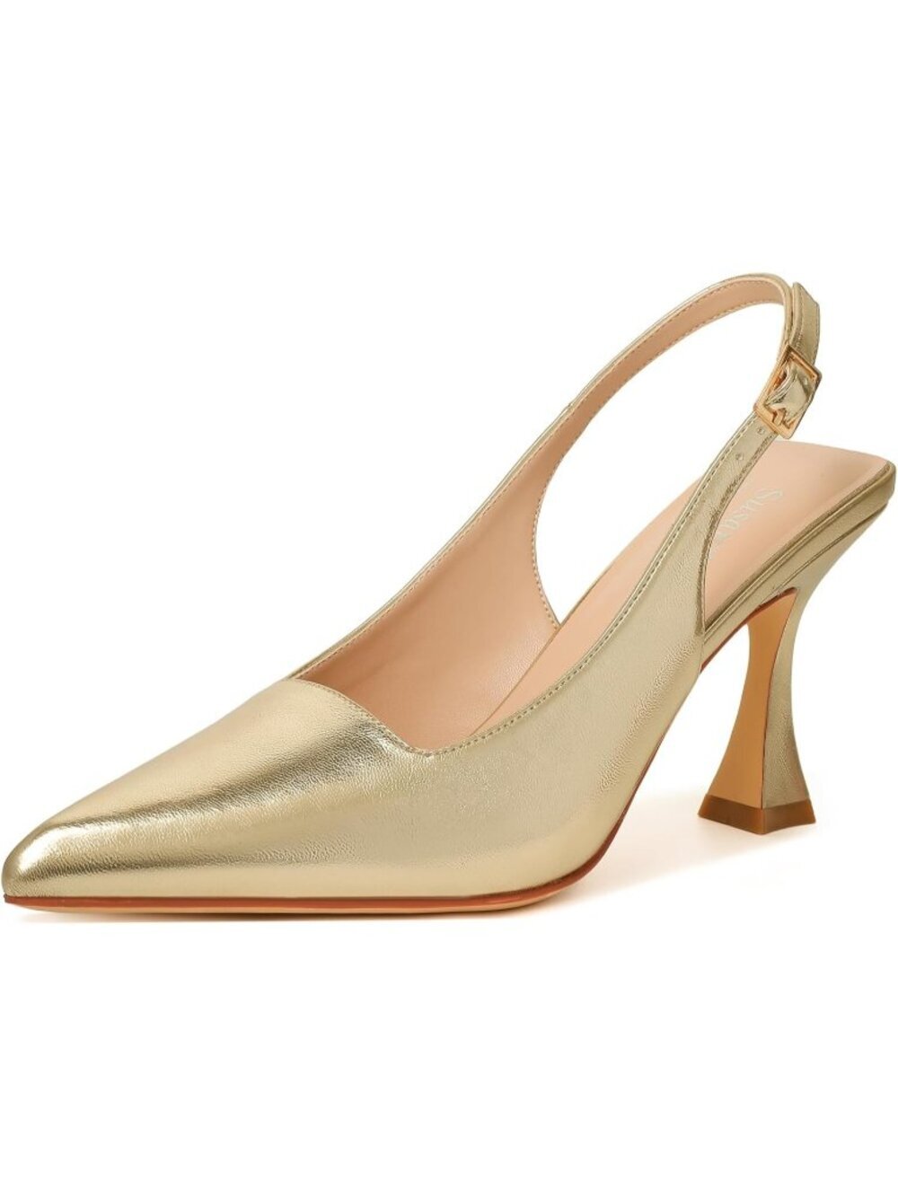 Women's Gold Pu Slingback Kitten Pump Closed Pointy Toe Chunky Heel Shoes